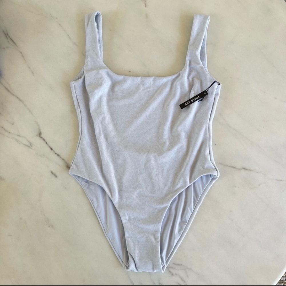 Set Active Swim Ice Blue Terry One-Piece Swimsuit Medium NWT